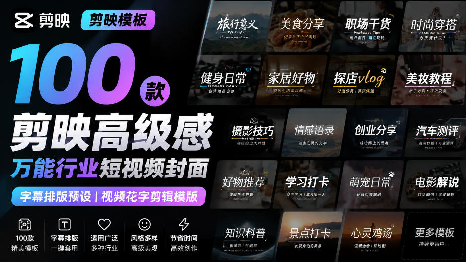 【剪映模板】100款剪映高级感万能行业短视频封面字幕排版预设视频花字剪辑模版-摇钱树