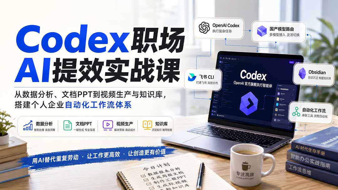 Codex职场AI提效实战课:从数据分析、文档PPT到视频生产与知识库,搭建个人企业自动化工作流体系-摇钱树