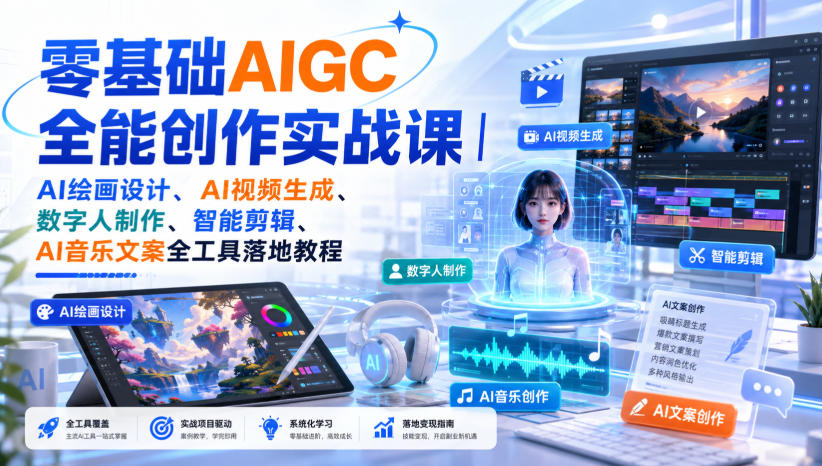 零基础AIGC全能创作实战课|AI绘画设计、AI视频生成、数字人制作、智能剪辑、AI音乐文案全工具落地教程-摇钱树
