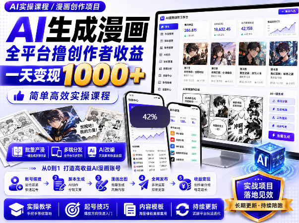 AI生成漫画全平台撸创作者收益内部课程，实操最高单日变现1k+-摇钱树