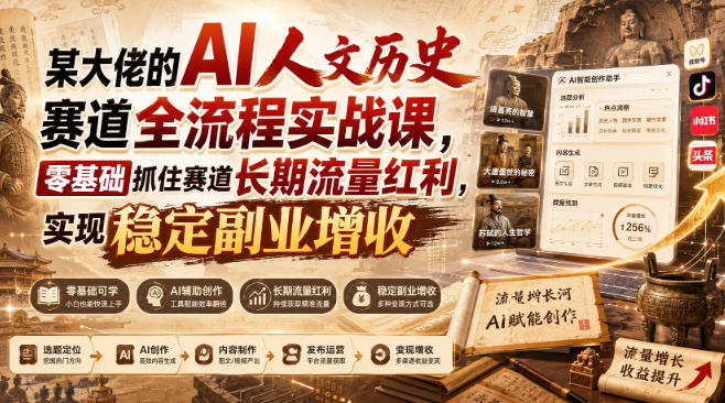 某大佬的AI人文历史赛道全流程实战课,零基础抓住赛道长期流量红利,实现稳定副业增收-摇钱树