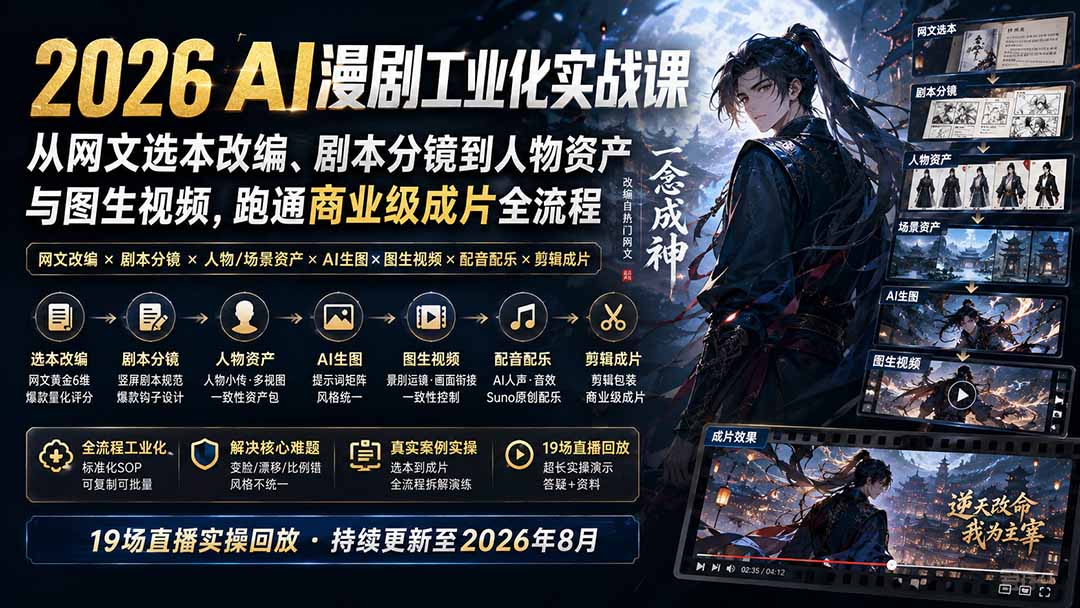 2026 AI漫剧工业化实战课-更新：从网文选本改编、剧本分镜到人物资产与图生视频，跑通商业级成片全流程-摇钱树