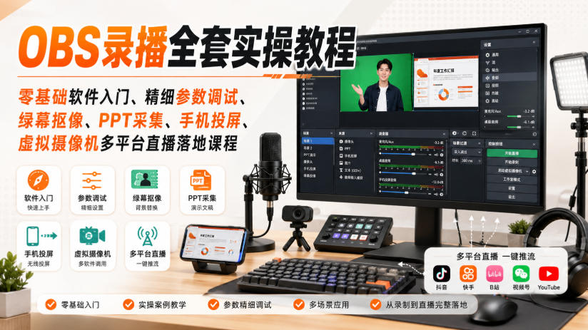OBS录播全套实操教程|零基础软件入门、精细参数调试、绿幕抠像、手机投屏、虚拟摄像机多平台直播落地课程-千帆创业