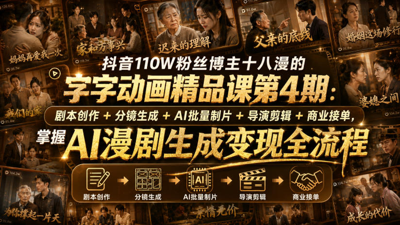抖音110W粉丝博主十八漫的字字动画精品课第4期:剧本创作+分镜生成+剪辑+商业接单,掌握AI漫剧生成变现全流程-摇钱树