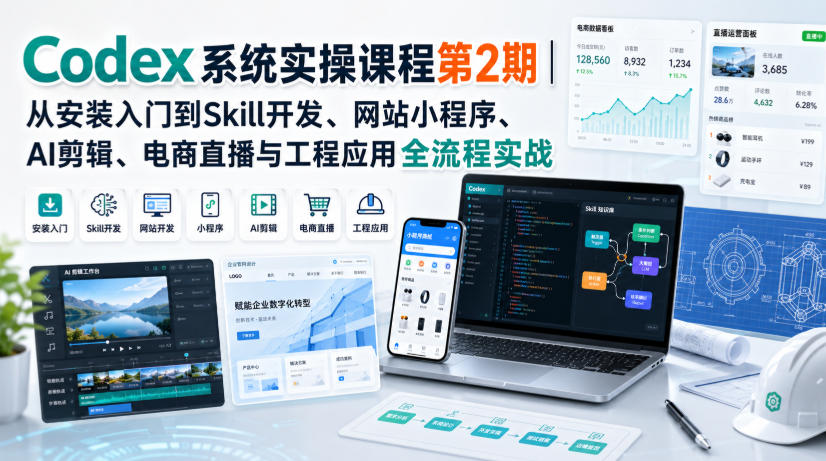 Codex系统实操课程第2期|从安装入门到Skill开发、网站小程序、AI剪辑、电商直播与工程应用全流程实战-摇钱树