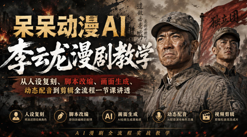 呆呆动漫AI李云龙漫剧教学,从人设复刻、脚本改编、画面生成、动态配音到剪辑全流程一节课讲透-千帆创业