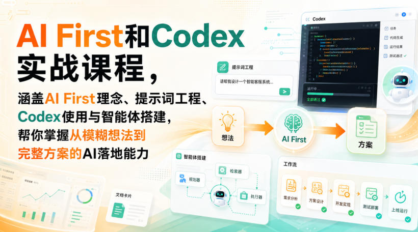 AI First和Codex实战课,涵盖AI First理念、提示词工程、Codex使用与智能体搭建,掌握从模糊想法到完整方案的AI落地能力-千帆创业