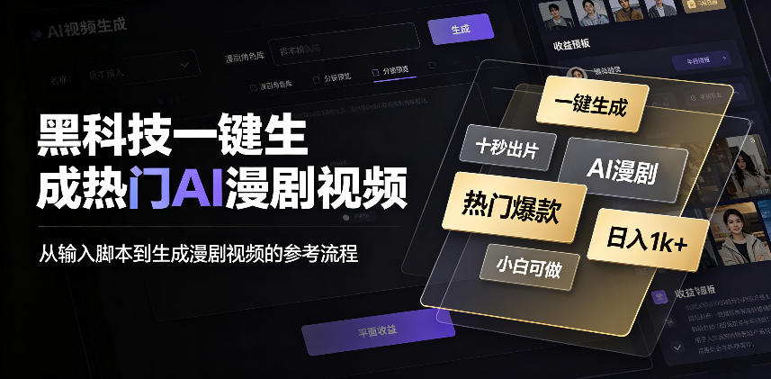 黑科技一键生成热门AI漫剧视频，十秒钟即可搞定，小白也能日入1k+【揭秘】-摇钱树
