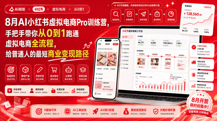 8月AI小红书虚拟电商Pro训练营，手把手带你从0到1跑通虚拟电商全流程，给普通人的最短商业变现路径(更新0827)-千帆创业