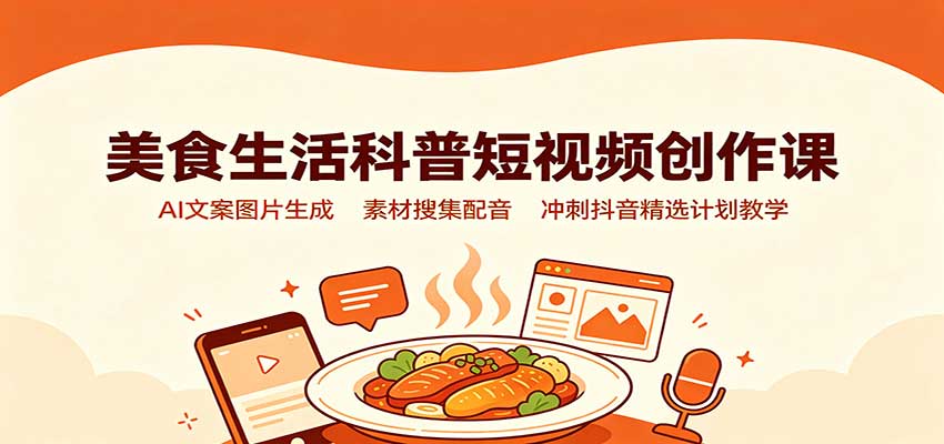 美食生活科普短视频创作课:AI文案图片生成,素材搜集配音,冲刺抖音精选计划教学-摇钱树