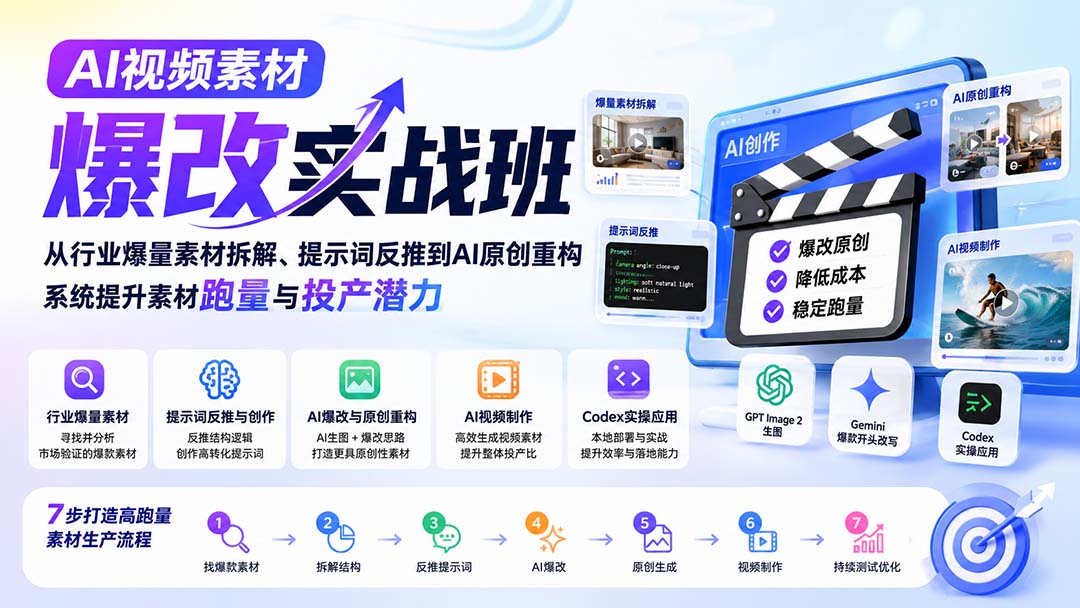AI视频素材爆改实战班-更新8月:从行业爆量素材拆解、提示词反推到AI原创重构,系统提升素材跑量与投产潜力-千帆创业