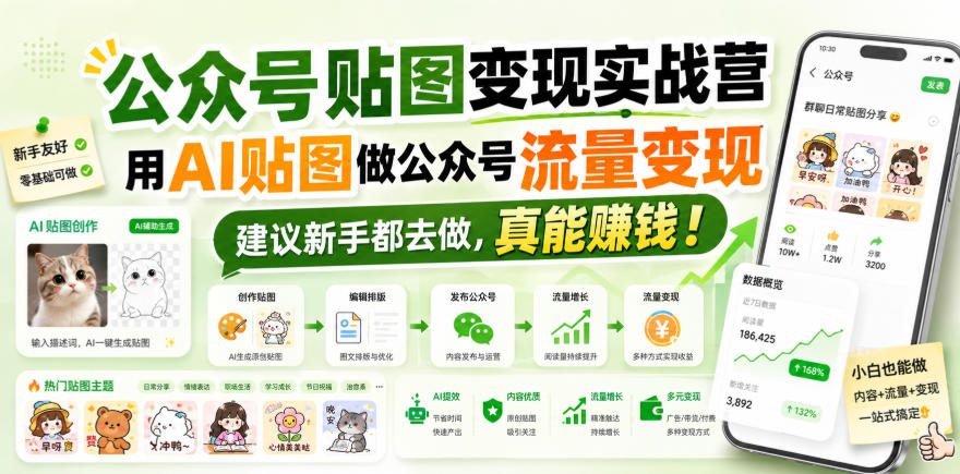 公众号贴图变现实战营,用AI贴图做公众号流量变现,建议新手都去做,真能賺钱!-摇钱树