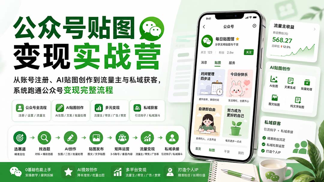 公众号贴图变现实战营:从账号注册、AI贴图创作到流量主与私域获客,系统跑通公众号变现完整流程-摇钱树