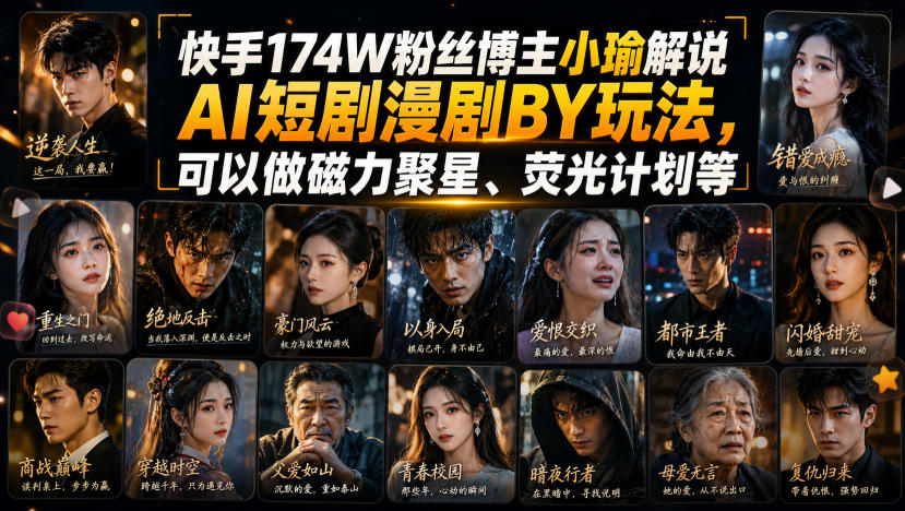 快手174W粉丝博主小瑜解说AI短剧漫剧搬运玩法，可以做磁力聚星、荧光计划等-摇钱树