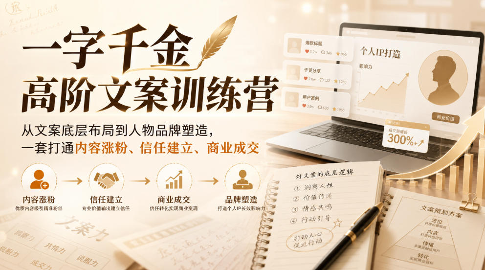 一字千金高阶文案训练营,从文案底层布局到人物品牌塑造,一套打通内容涨粉、信任建立、商业成交-千帆创业