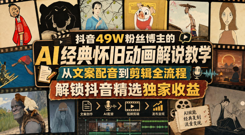 抖音49W粉丝博主的AI经典怀旧动画解说教学,从文案配音到剪辑全流程,解锁抖音精选独家收益-摇钱树