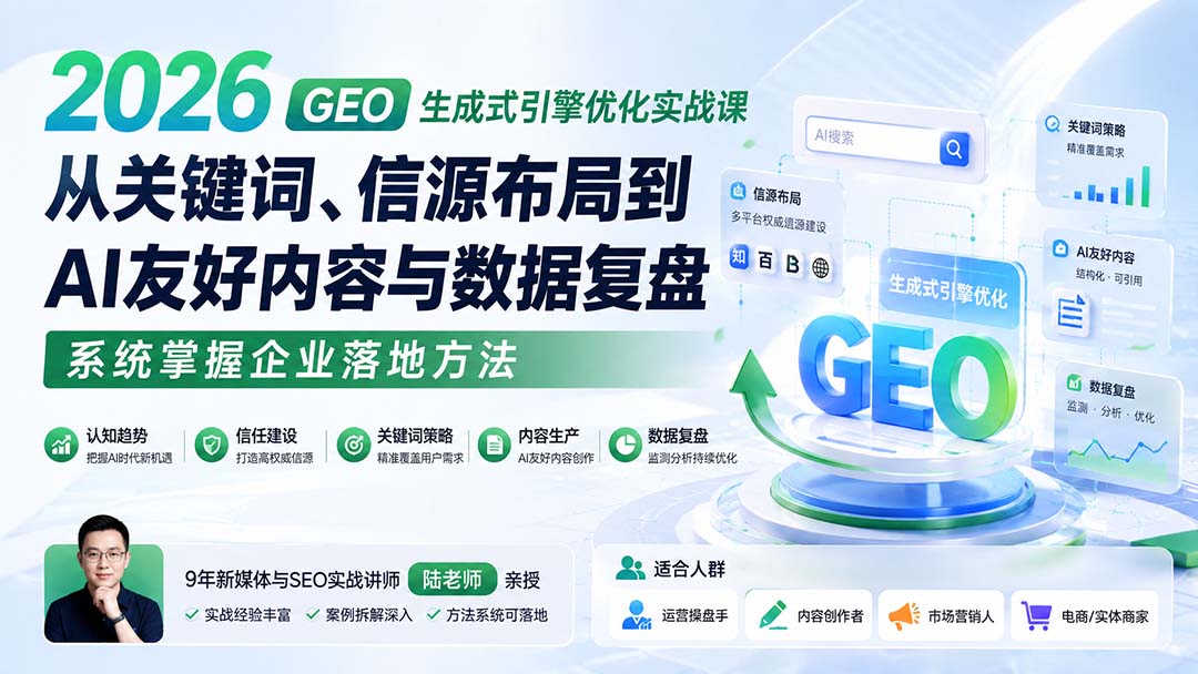 2026 GEO生成式引擎优化实战课：从关键词、信源布局到AI友好内容与数据复盘，系统掌握企业落地方法-摇钱树