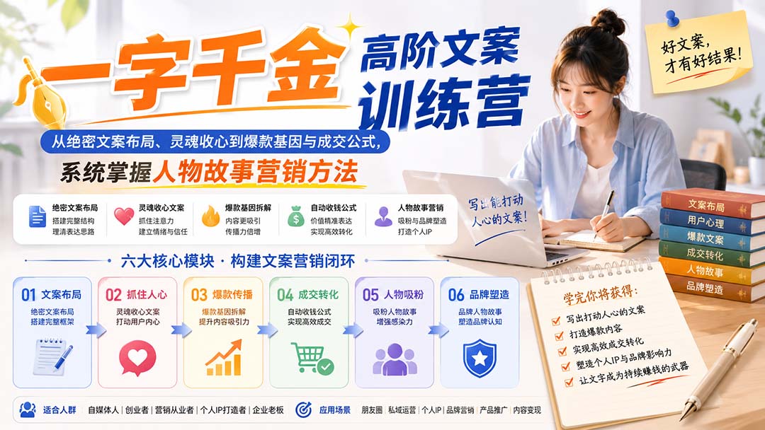 一字千金高阶文案训练营:从绝密文案布局、灵魂收心到爆款基因与成交公式,系统掌握人物故事营销方法-摇钱树