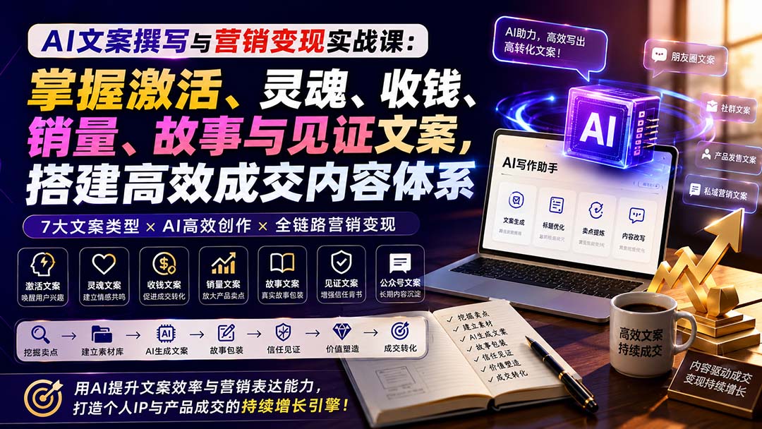 AI文案撰写与营销变现实战课:掌握激活、灵魂、收钱、销量、故事与见证文案,搭建高效成交内容体系-摇钱树