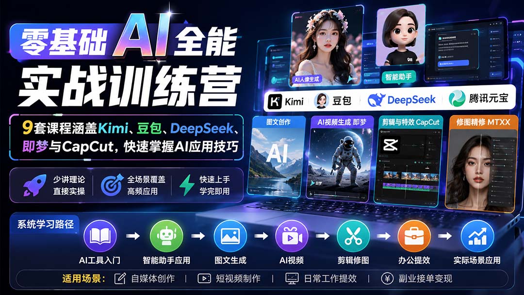 零基础AI全能实战训练营:9套课程涵盖Kimi、豆包、DeepSeek、即梦与CapCut,快速掌握AI应用技巧-摇钱树