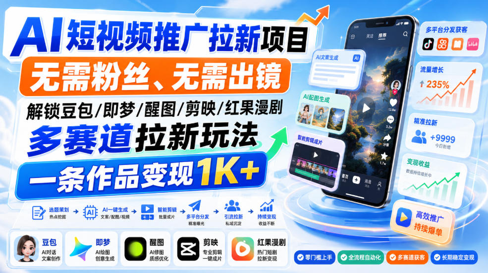 AI短视频推广拉新项目,无需粉丝、无需出镜,解锁豆包/即梦/醒图/剪映/红果漫剧多赛道拉新玩法,一条作品变现1K+-摇钱树