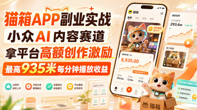 猫箱APP副业实战，小众AI内容赛道，拿平台高额创作激励，最高935米每分钟播放收益-千帆创业