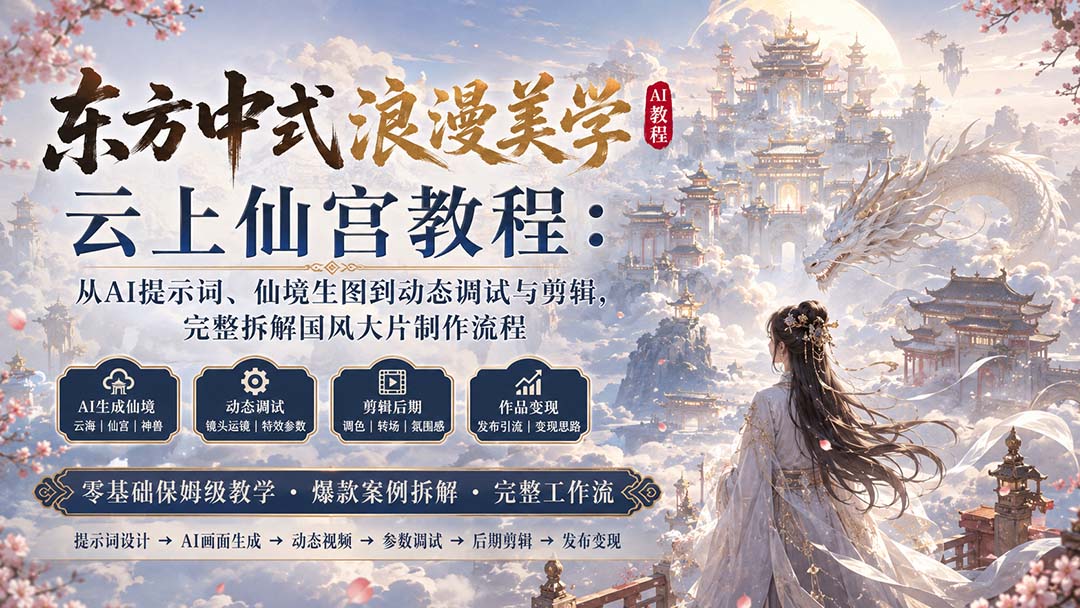 东方中式浪漫美学云上仙宫教程：从AI提示词、仙境生图到动态调试与剪辑，完整拆解国风大片制作流程-摇钱树