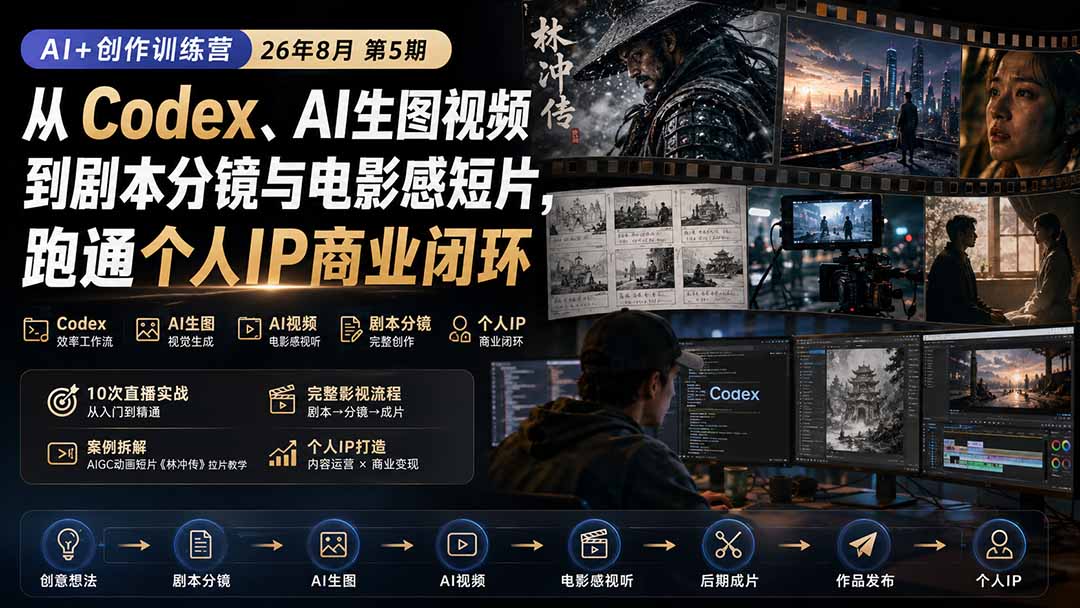 AI+创作训练营26年8月第5期:从Codex、AI生图视频到剧本分镜与电影感短片,跑通个人IP商业闭环-摇钱树