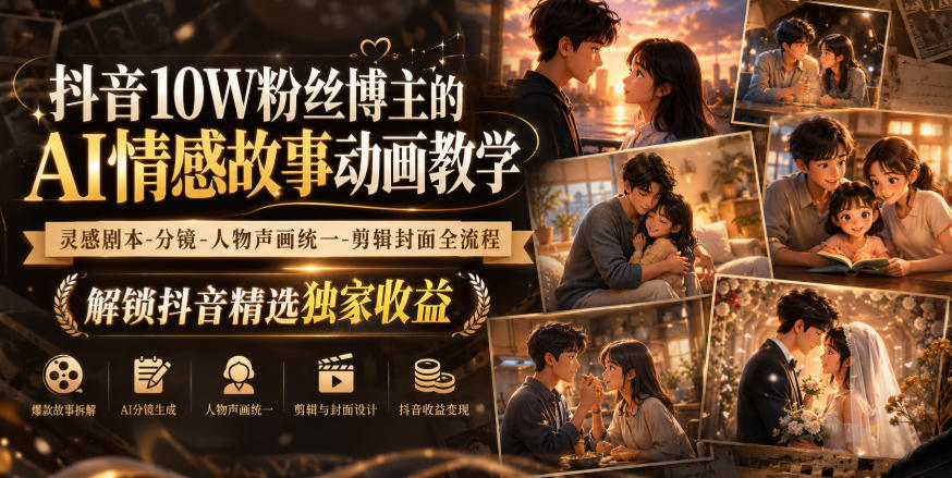 抖音10W粉丝博主的AI情感故事动画教学，灵感剧本‑分镜‑人物声画统一‑剪辑封面全流程，解锁抖音精选独家收益-千帆创业