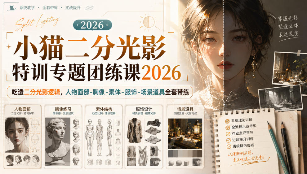 小猫二分光影特训专题团练课2026｜吃透二分光影逻辑，人物面部‑胸像‑素体‑服饰‑场景道具全套带练，高清画质附赠课件与笔刷-摇钱树
