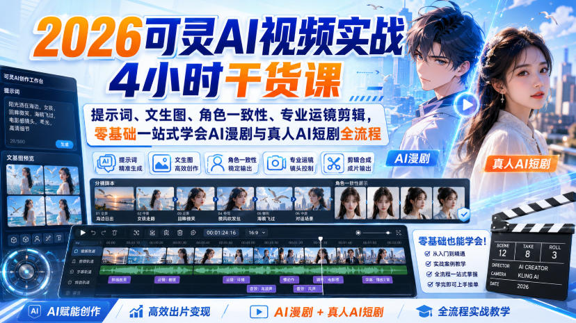 2026可灵AI视频实战4小时干货课｜提示词、文生图、角色一致性、专业运镜剪辑，零基础一站式学会AI漫剧与真人AI短剧全流程-摇钱树