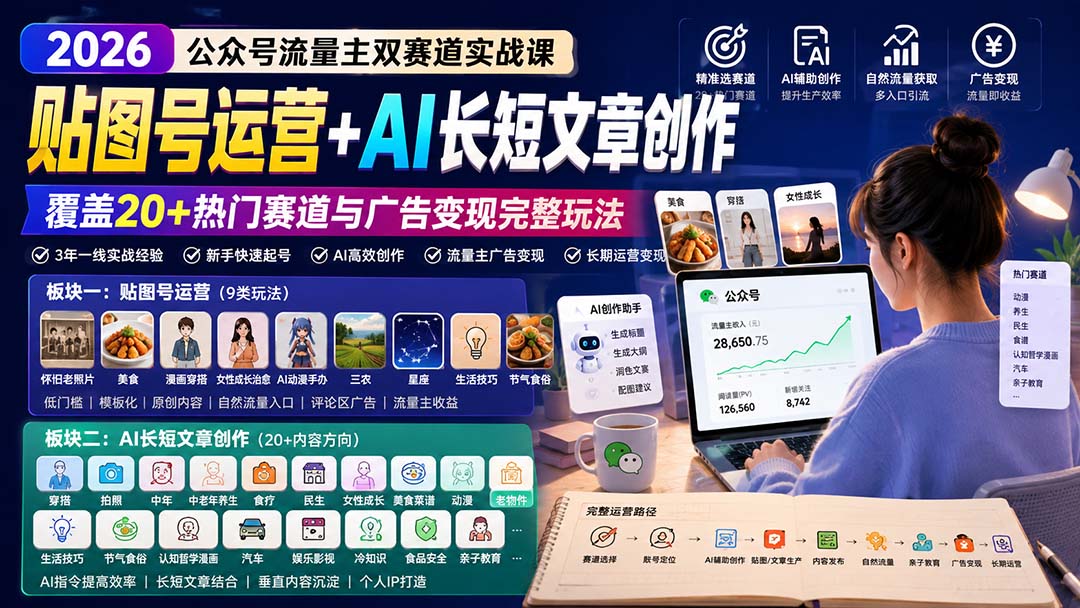 公众号流量主双赛道实战课：贴图号运营+AI长短文章创作，覆盖20+热门赛道与广告变现完整玩法-摇钱树