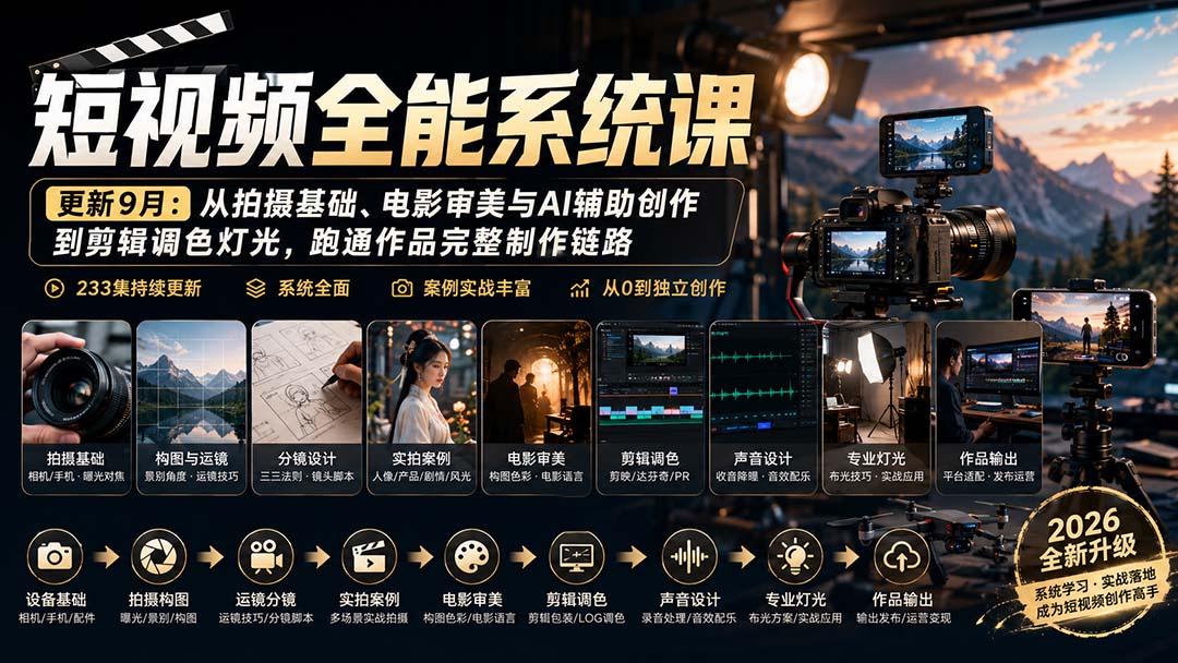 短视频全能系统课-更新8月233集：从拍摄基础、电影审美与AI辅助创作到剪辑调色灯光，跑通作品完整制作链路-摇钱树