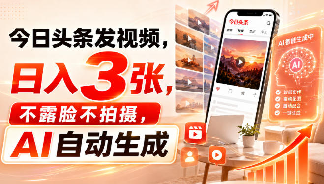 今日头条发视频，日入3张，不露脸不拍摄，AI自动生成-摇钱树