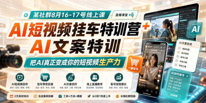 某社群8月16-17号线上课，AI短视频挂车特训营+AI文案特训，把AI真正变成你的短视频生产力-摇钱树