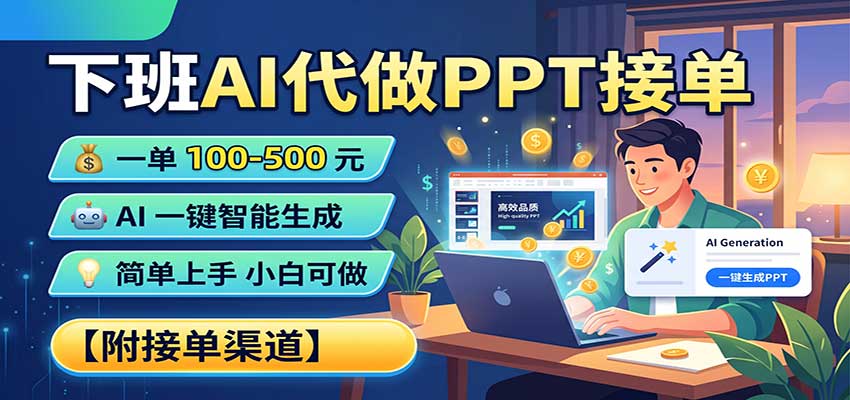 下班AI代做PPT接单，一单100-500，AI一键生成，小白也能做，附接单渠道-摇钱树