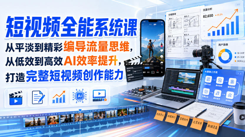 短视频全能系统课，从平淡到精彩编导流量思维，从低效到高效AI效率提升，打造完整短视频创作能力(2026年8月30更新233集)-摇钱树