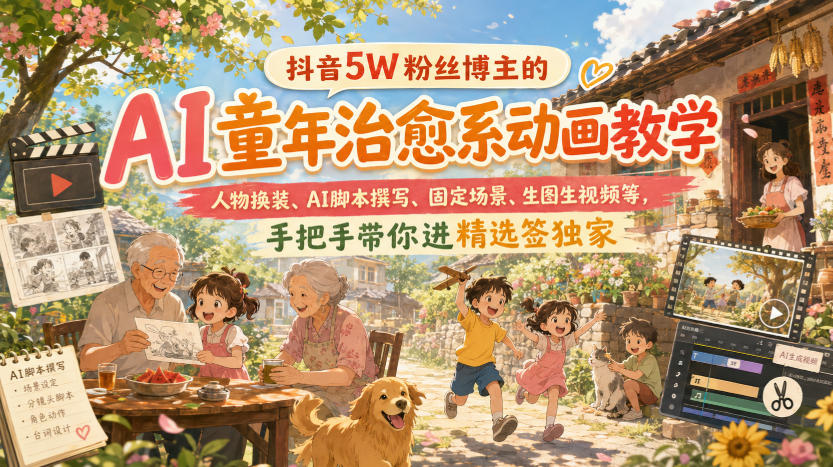 抖音5W粉丝博主的AI童年治愈系动画教学,人物换装、AI脚本撰写、固定场景、生图生视频等,手把手带你进精选签独家-摇钱树