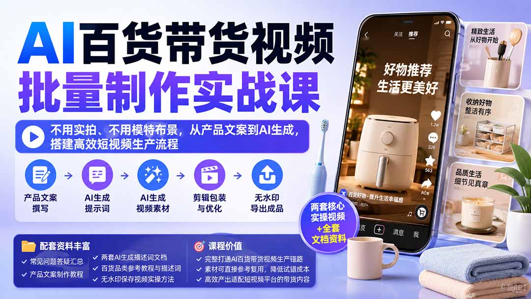 AI百货带货视频批量制作实战课:不用实拍、不用模特布景,从产品文案到AI生成,搭建高效短视频生产流程-摇钱树