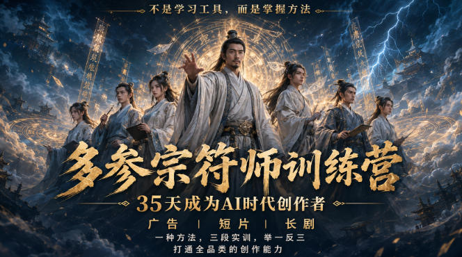 多参宗符师训练营,35天成为AI时代创作者,广告|短片|长剧,一种方法,三段实训,举一反三,打通全品类的创作能力-摇钱树