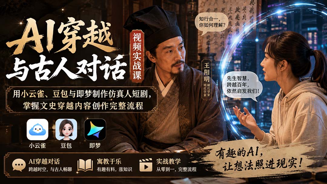 AI穿越与古人对话视频实战课:用小云雀、豆包与即梦制作仿真人短剧,掌握文史穿越内容创作完整流程-启盈社
