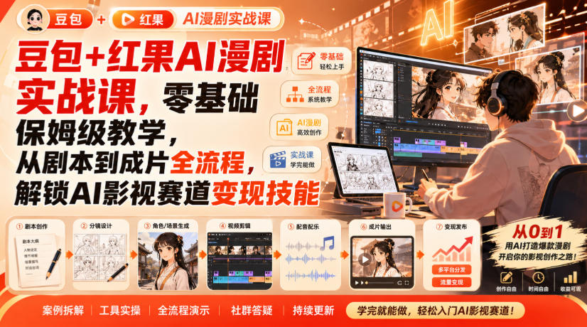 豆包+红果AI漫剧实战课,零基础保姆级教学,从剧本到成片全流程,解锁AI影视赛道变现技能-启盈社