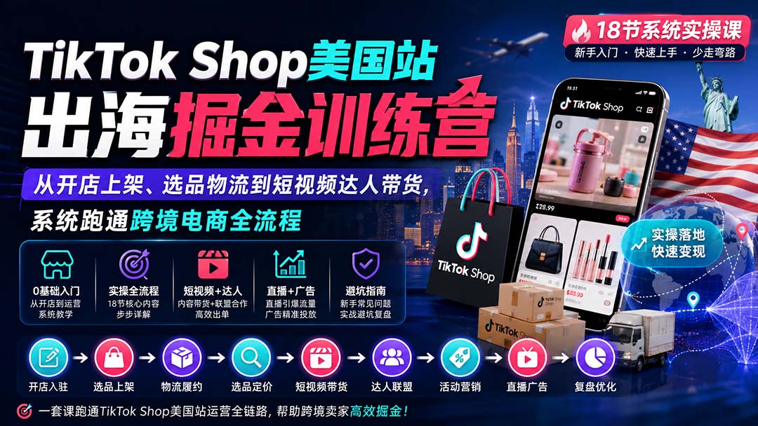 TikTok Shop美国站出海掘金训练营:从开店上架、选品物流到短视频达人带货,系统跑通跨境电商全流程-摇钱树