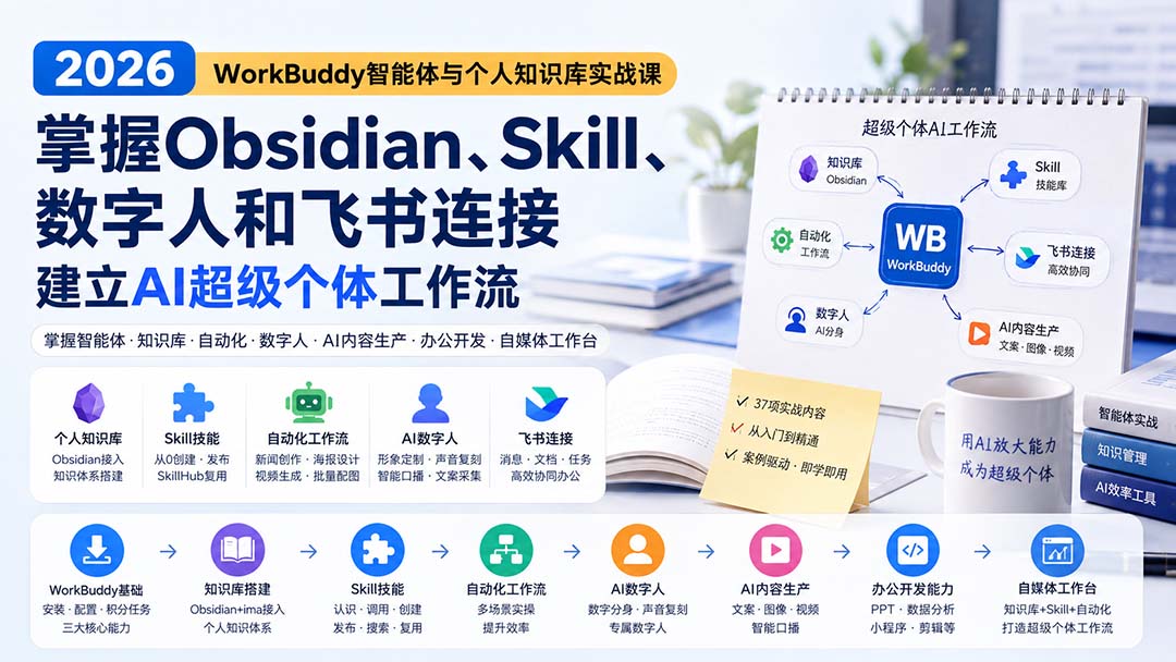2026 WorkBuddy智能体与个人知识库实战课:掌握Obsidian、Skill、数字人和飞书连接,建立AI超级个体工作流-摇钱树