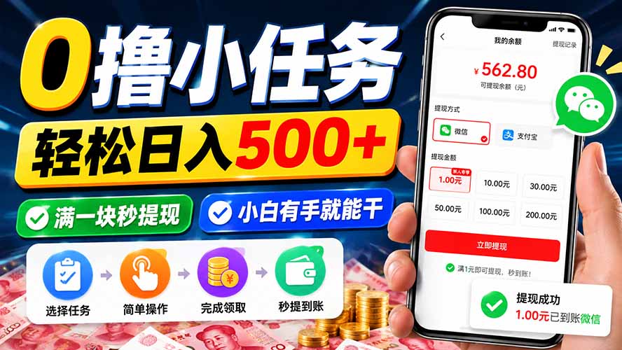 0撸小任务，轻松日入500+，满一块秒提现，小白有手就能干-摇钱树