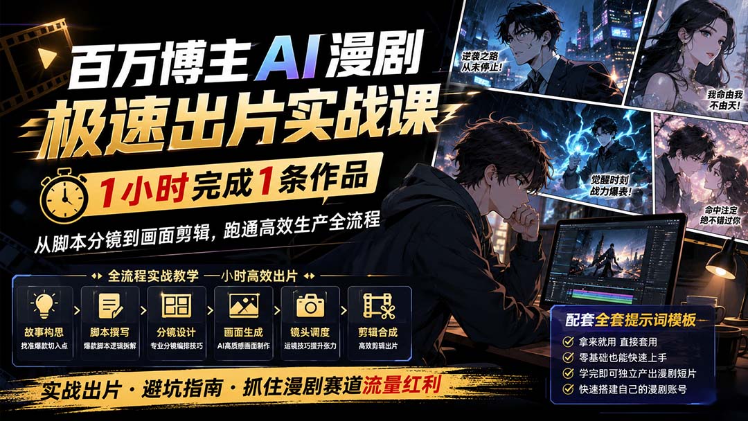 百万博主AI漫剧极速出片实战课:1小时产出条作品,从脚本分镜到画面剪辑,跑通高效生产全流程-启盈社