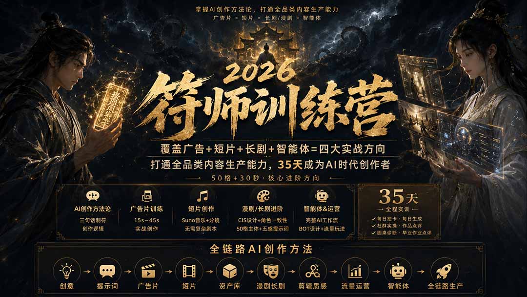 符师训练营-35天成为AI时代创作者，广告+短片+漫剧+智能体四大实战方向，掌握从创意到上线的完整工作流-摇钱树