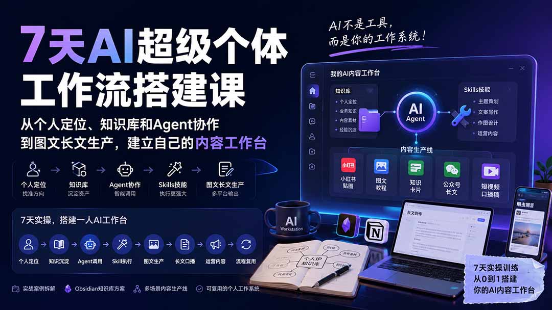 7天AI超级个体工作流搭建课:从个人定位、知识库和Agent协作到图文长文生产,建立自己的内容工作台-摇钱树