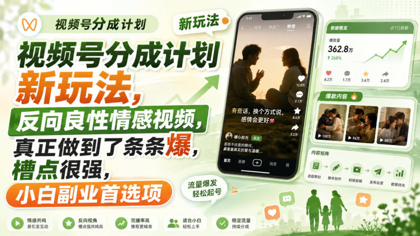 视频号分成计划新玩法,反向良性情感视频,真正做到了条条爆,槽点很强,小白副业首选项-摇钱树