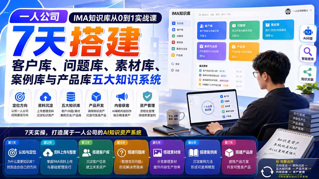 一人公司IMA知识库从0到1实战课:7天搭建客户库、问题库、素材库、案例库与产品库五大知识系统-摇钱树